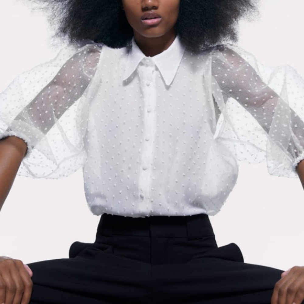Zara white organza blouse with full sleeves NWT
